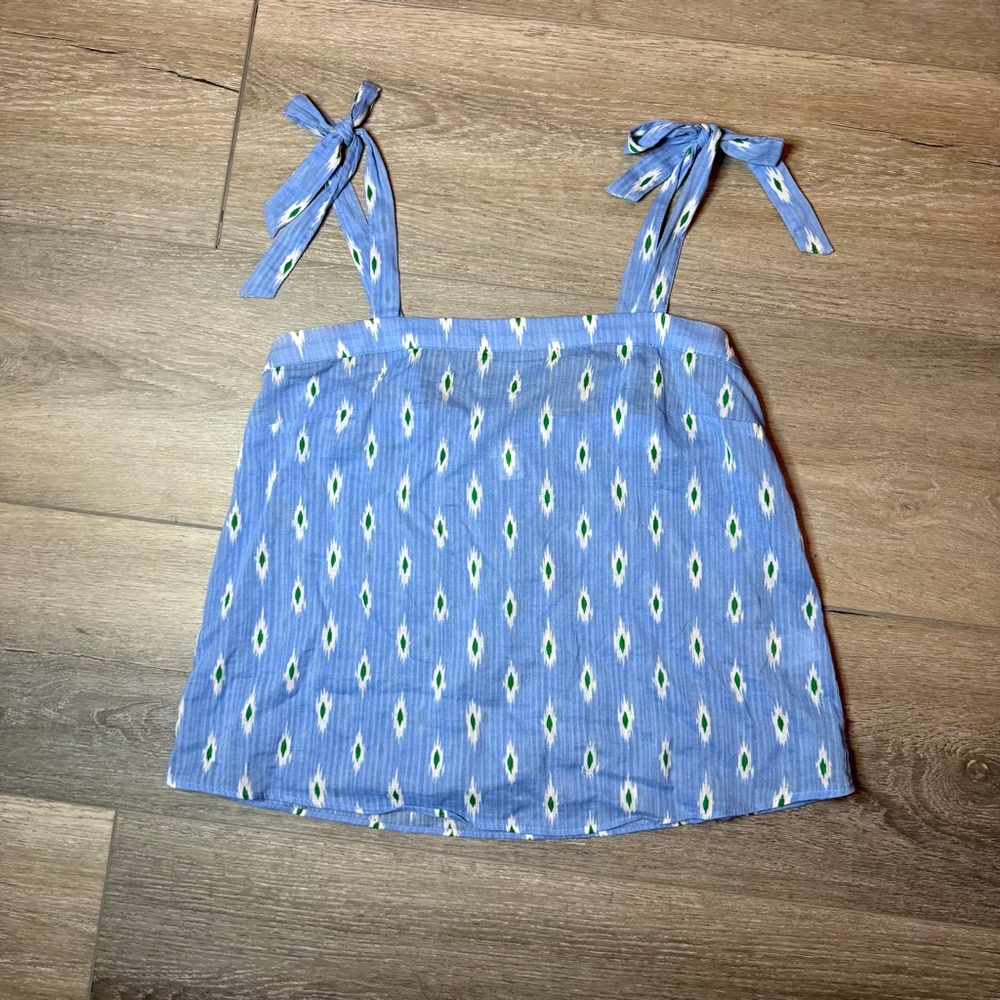J.Crew Woman’s Blue Multicolored Pattern Shirt Tie Up Bow Sleeves XS 100% Cotton